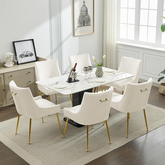 Velvet Dining Chairs Set of 2 Gold Legs,Upholstered Velvet Accent Chairs, Pleated Back Design & Gold Pull Handle, Mid Century Modern Chairs for Dining/Kitchen/Living Room