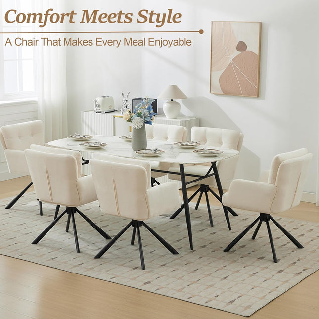 Fabric Dining Chair Modern Upholstered Swivel Dining Room Chairs Comfy Accent Armchair with Mid Back, Desk Arm Chair No Wheels for Kitchen/Living Room/Home Office