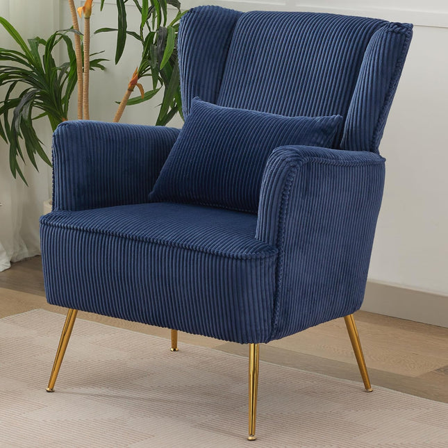 Fabric Accent Living Room Arm Chair Set of 2 Mid Century Modern Chairs with Pillow & Golden Legs, 8.5" Thick Cushion, Upholstered Comfy Sofa Armchair for Reading Room/Bedroom