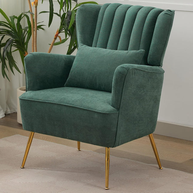 Fabric Accent Living Room Arm Chair Set of 2 Mid Century Modern Chairs with Pillow & Golden Legs, 8.5" Thick Cushion, Upholstered Comfy Sofa Armchair for Reading Room/Bedroom
