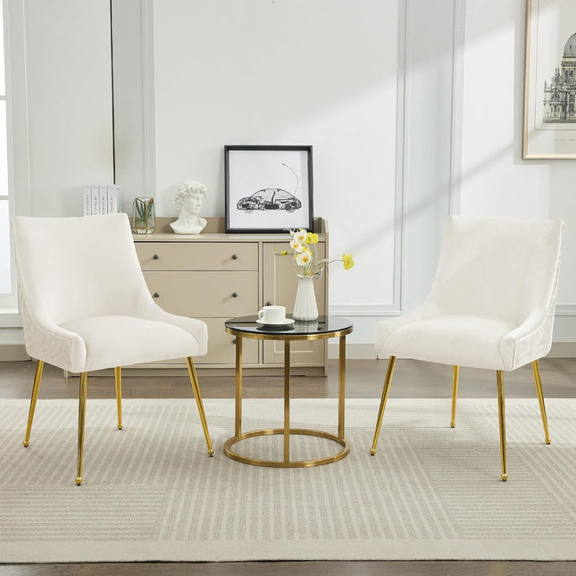 Velvet Dining Chairs Set of 2 Gold Legs,Upholstered Velvet Accent Chairs, Pleated Back Design & Gold Pull Handle, Mid Century Modern Chairs for Dining/Kitchen/Living Room
