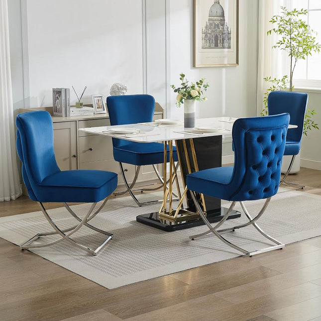 Luxury Velvet Dining Chairs, Tufted Upholstered Armless Accent Chairs with Silver Metal X-Legs, Modern Glam Dining Room Chair