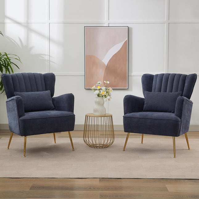 Fabric Accent Living Room Arm Chair Set of 2 Mid Century Modern Chairs with Pillow & Golden Legs, 8.5" Thick Cushion, Upholstered Comfy Sofa Armchair for Reading Room/Bedroom