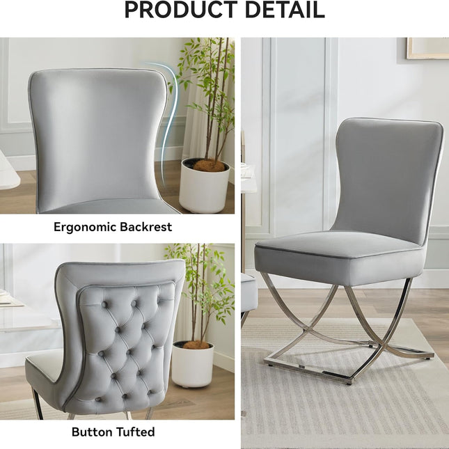 Luxury Velvet Dining Chairs, Tufted Upholstered Armless Accent Chairs with Silver Metal X-Legs, Modern Glam Dining Room Chair
