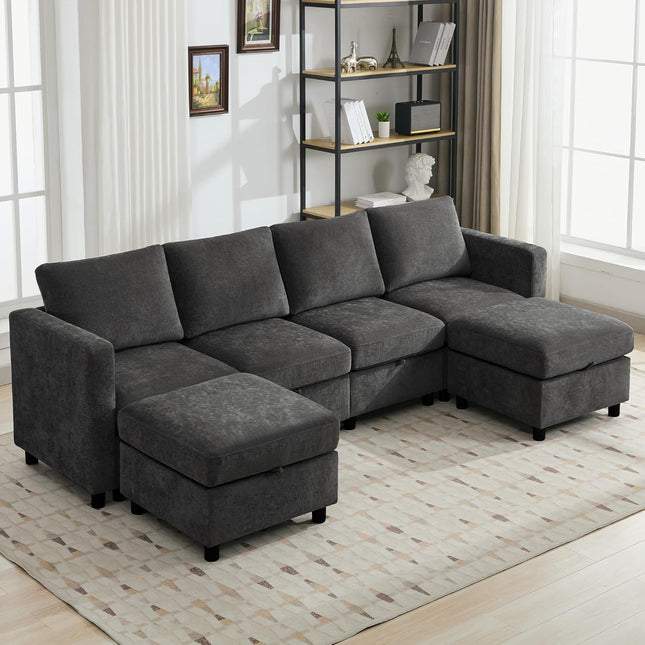 Modular Sectional Sofa Convertible U Shaped Sofa Couch Set with Storage for Living Room, Modern 6 Seater Modular Sectional Couch with Movable Ottoman