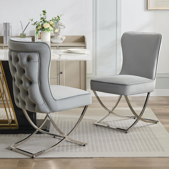 Luxury Velvet Dining Chairs, Tufted Upholstered Armless Accent Chairs with Silver Metal X-Legs, Modern Glam Dining Room Chair