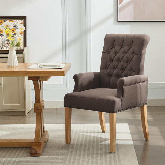 WUTUTUEE Fabric Dining Chair with Arms, Upholstered Tufted High Back Dining Room Chairs, Accent Armchair with Solid Wood Leg and Nailhead Trim, Kitchen Dining Living Room