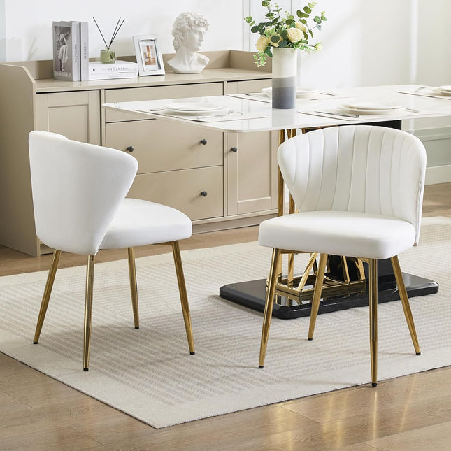 Velvet Dining Chairs, Mid Century Modern Vanity Chair with Back Golden Legs, Small Upholstered Line Tufted Dining Room Chairs, Cute Accent Vanity Chair for Bedroom, Living Room, Office
