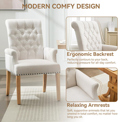 WUTUTUEE Fabric Dining Chair with Arms, Upholstered Tufted High Back Dining Room Chairs, Accent Armchair with Solid Wood Leg and Nailhead Trim, Kitchen Dining Living Room