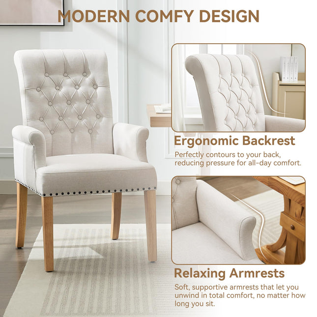 WUTUTUEE Fabric Dining Chair with Arms, Upholstered Tufted High Back Dining Room Chairs, Accent Armchair with Solid Wood Leg and Nailhead Trim, Kitchen Dining Living Room