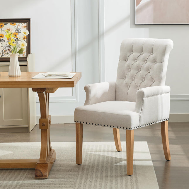WUTUTUEE Fabric Dining Chair with Arms, Upholstered Tufted High Back Dining Room Chairs, Accent Armchair with Solid Wood Leg and Nailhead Trim, Kitchen Dining Living Room