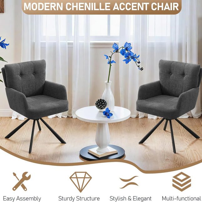 Fabric Dining Chair Modern Upholstered Swivel Dining Room Chairs Comfy Accent Armchair with Mid Back, Desk Arm Chair No Wheels for Kitchen/Living Room/Home Office