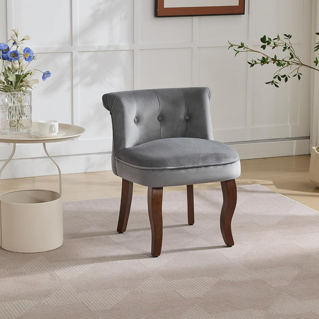 Velvet Vanity Chair with Back, Tufted Upholstered Vanity Stool with Solid Wood Legs, Mid Century Small Makeup Chair for Vanity, Accent Chair for Bedroom, Living Room