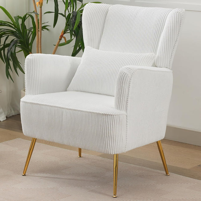 Fabric Accent Living Room Arm Chair Set of 2 Mid Century Modern Chairs with Pillow & Golden Legs, 8.5" Thick Cushion, Upholstered Comfy Sofa Armchair for Reading Room/Bedroom