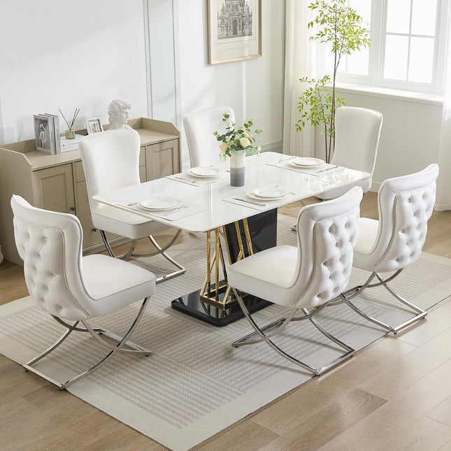 Luxury Velvet Dining Chairs, Tufted Upholstered Armless Accent Chairs with Silver Metal X-Legs, Modern Glam Dining Room Chair