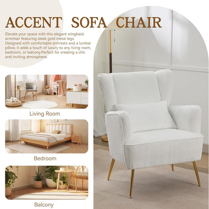 Fabric Accent Living Room Arm Chair Set of 2 Mid Century Modern Chairs with Pillow & Golden Legs, 8.5" Thick Cushion, Upholstered Comfy Sofa Armchair for Reading Room/Bedroom