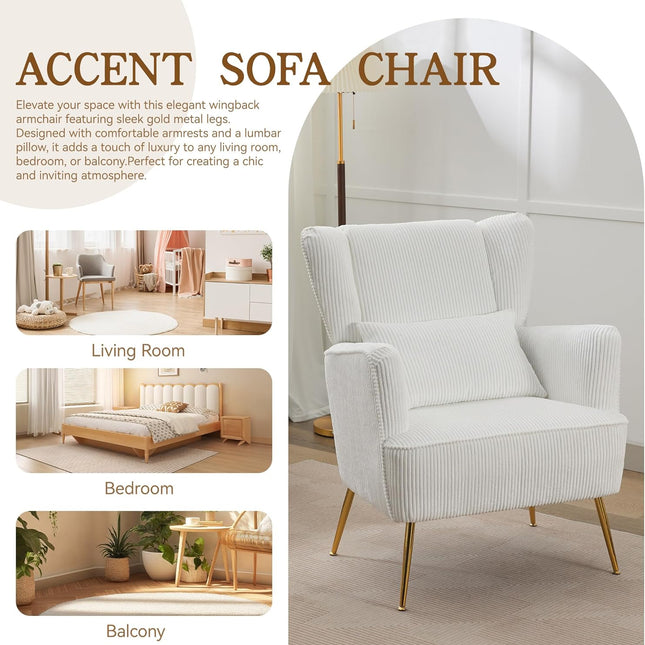 Fabric Accent Living Room Arm Chair Set of 2 Mid Century Modern Chairs with Pillow & Golden Legs, 8.5" Thick Cushion, Upholstered Comfy Sofa Armchair for Reading Room/Bedroom