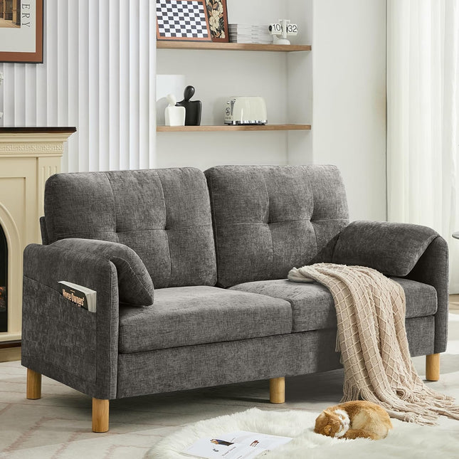 65" Chenille Loveseat Sofa, Modern 2-Seater Love Seat Couch with Armrest Pillows, Storage Pockets, Easy Assembly, Upholstered Tufted Loveseat Couches for Living Room Bedroom