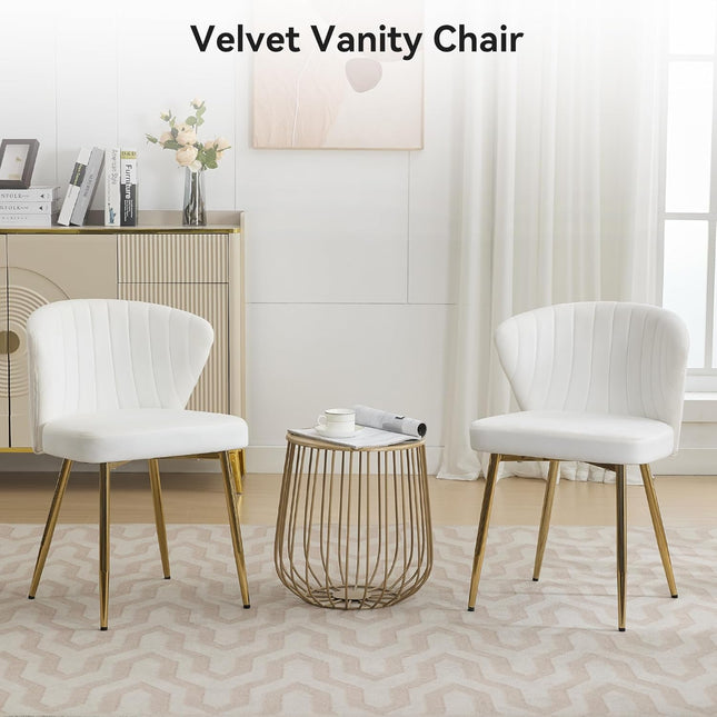 Velvet Dining Chairs, Mid Century Modern Vanity Chair with Back Golden Legs, Small Upholstered Line Tufted Dining Room Chairs, Cute Accent Vanity Chair for Bedroom, Living Room, Office