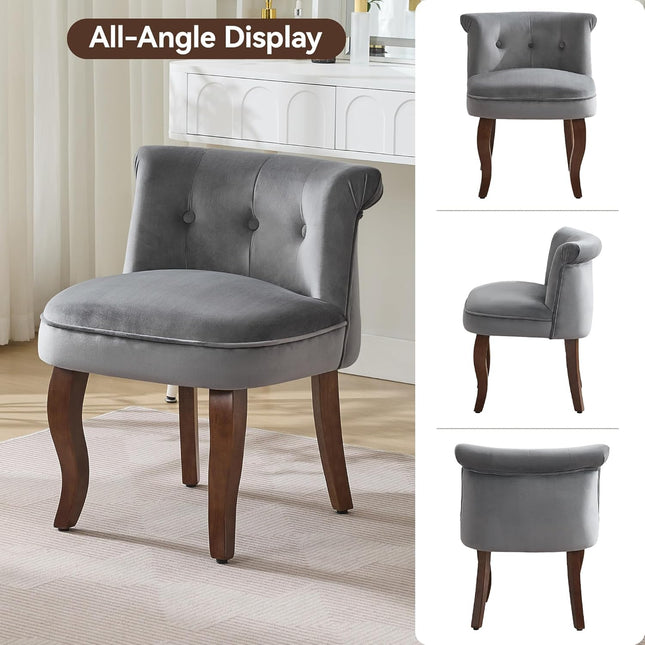 Velvet Vanity Chair with Back, Tufted Upholstered Vanity Stool with Solid Wood Legs, Mid Century Small Makeup Chair for Vanity, Accent Chair for Bedroom, Living Room