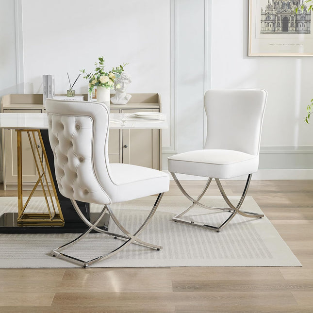 Luxury Velvet Dining Chairs, Tufted Upholstered Armless Accent Chairs with Silver Metal X-Legs, Modern Glam Dining Room Chair