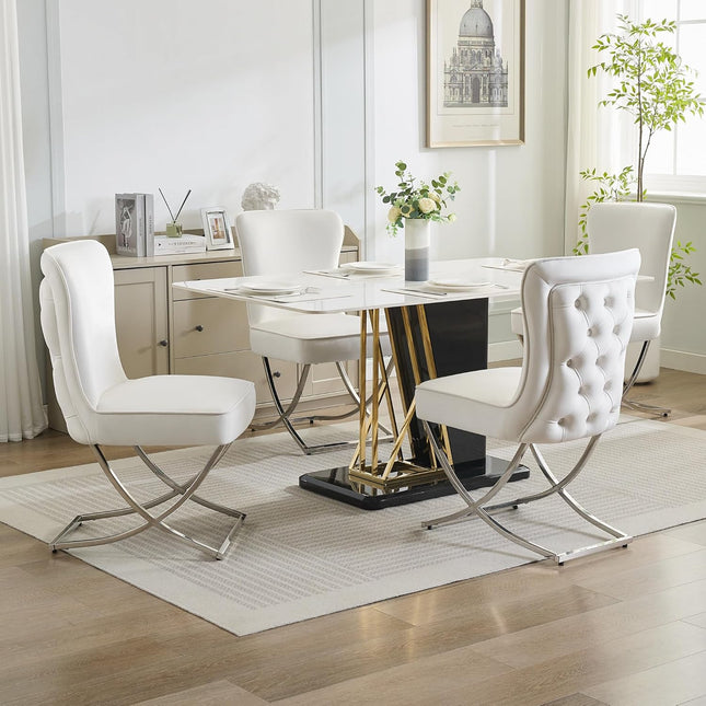 Luxury Velvet Dining Chairs, Tufted Upholstered Armless Accent Chairs with Silver Metal X-Legs, Modern Glam Dining Room Chair