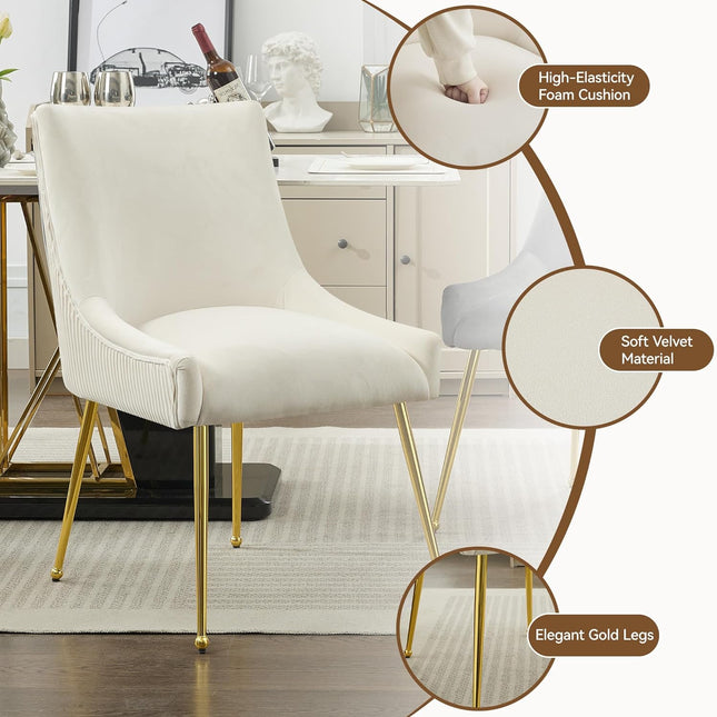 Velvet Dining Chairs Set of 2 Gold Legs,Upholstered Velvet Accent Chairs, Pleated Back Design & Gold Pull Handle, Mid Century Modern Chairs for Dining/Kitchen/Living Room
