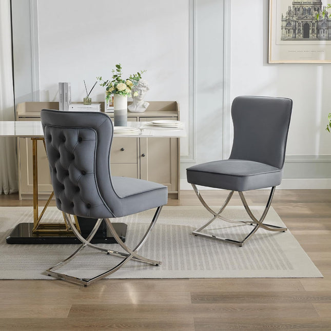 Luxury Velvet Dining Chairs, Tufted Upholstered Armless Accent Chairs with Silver Metal X-Legs, Modern Glam Dining Room Chair