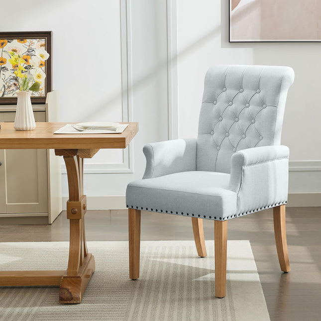 WUTUTUEE Fabric Dining Chair with Arms, Upholstered Tufted High Back Dining Room Chairs, Accent Armchair with Solid Wood Leg and Nailhead Trim, Kitchen Dining Living Room
