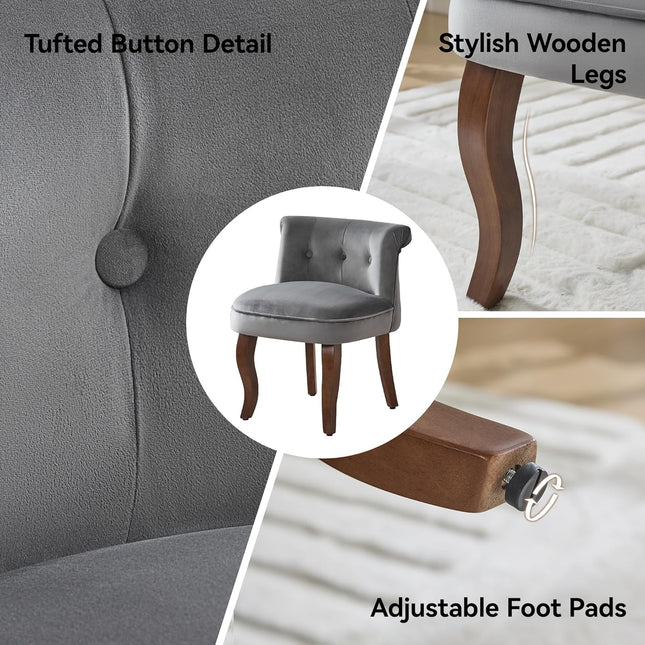 Velvet Vanity Chair with Back, Tufted Upholstered Vanity Stool with Solid Wood Legs, Mid Century Small Makeup Chair for Vanity, Accent Chair for Bedroom, Living Room