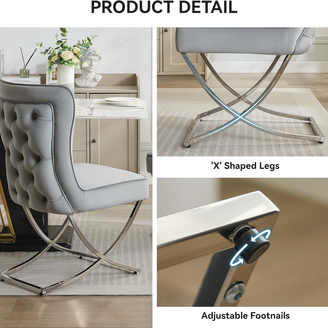 Luxury Velvet Dining Chairs, Tufted Upholstered Armless Accent Chairs with Silver Metal X-Legs, Modern Glam Dining Room Chair