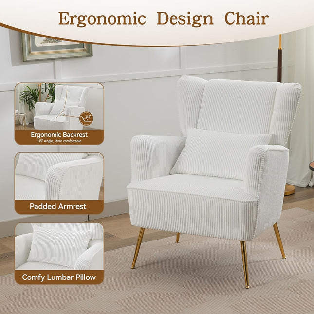 Fabric Accent Living Room Arm Chair Set of 2 Mid Century Modern Chairs with Pillow & Golden Legs, 8.5" Thick Cushion, Upholstered Comfy Sofa Armchair for Reading Room/Bedroom