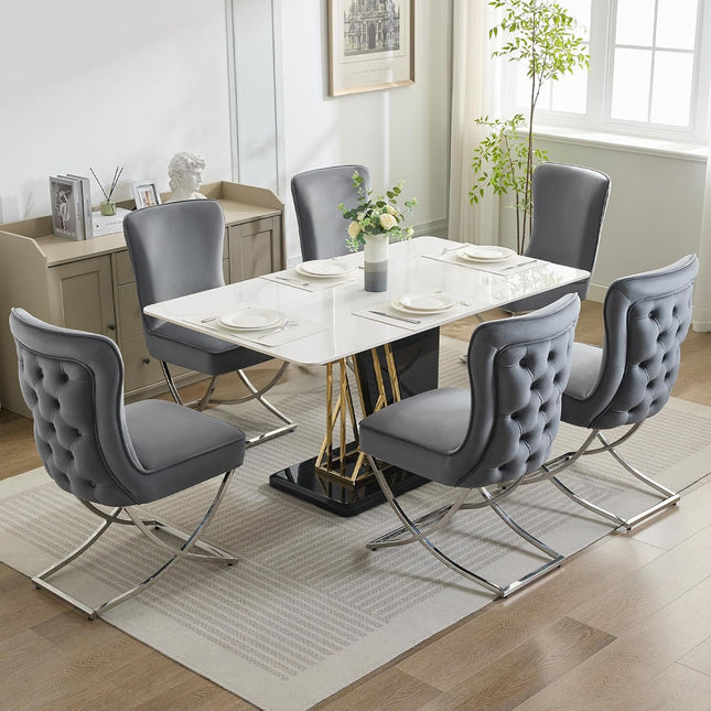 Luxury Velvet Dining Chairs, Tufted Upholstered Armless Accent Chairs with Silver Metal X-Legs, Modern Glam Dining Room Chair
