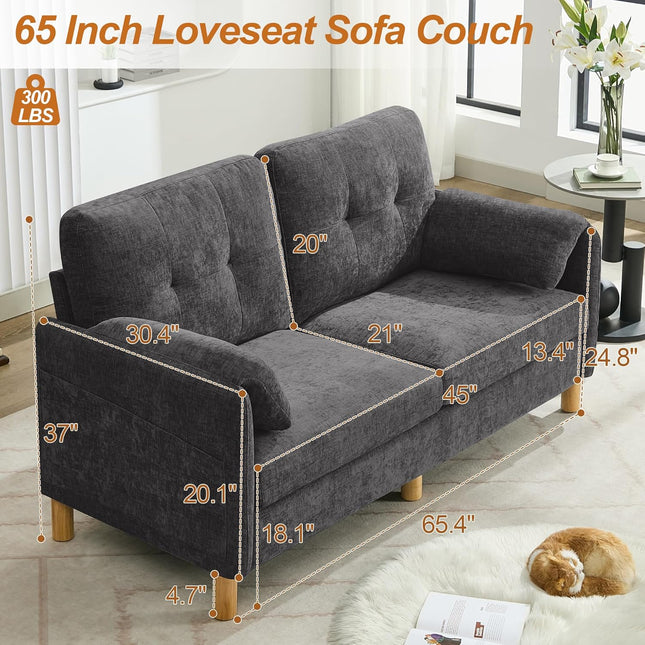 65" Chenille Loveseat Sofa, Modern 2-Seater Love Seat Couch with Armrest Pillows, Storage Pockets, Easy Assembly, Upholstered Tufted Loveseat Couches for Living Room Bedroom
