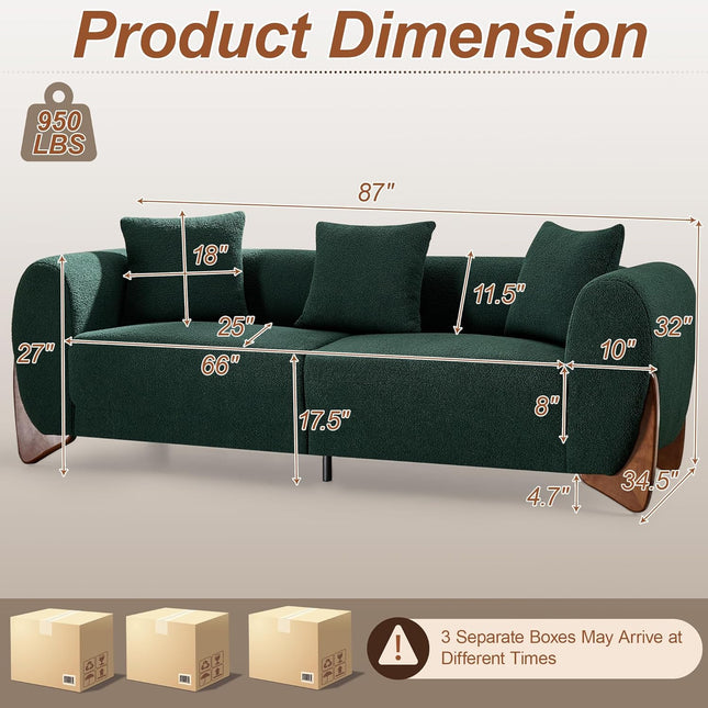 87" Sherpa Boucle Cloud Couch Modern 3 Seater Sofa with Solid Wood Legs, 25" Extra Deep Seat, Comfy Thick Cushion Upholstered Sofa Couches with 3 Pillows for Living Room