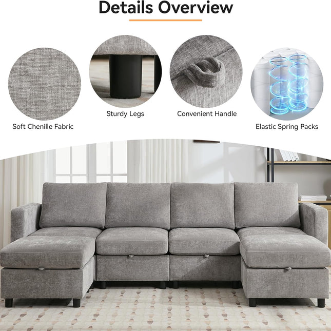 Modular Sectional Sofa Convertible U Shaped Sofa Couch Set with Storage for Living Room, Modern 6 Seater Modular Sectional Couch with Movable Ottoman