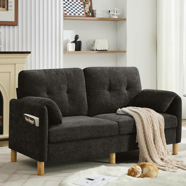 65" Chenille Loveseat Sofa, Modern 2-Seater Love Seat Couch with Armrest Pillows, Storage Pockets, Easy Assembly, Upholstered Tufted Loveseat Couches for Living Room Bedroom