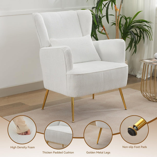 Fabric Accent Living Room Arm Chair Set of 2 Mid Century Modern Chairs with Pillow & Golden Legs, 8.5" Thick Cushion, Upholstered Comfy Sofa Armchair for Reading Room/Bedroom