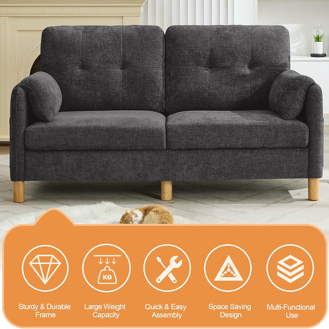 65" Chenille Loveseat Sofa, Modern 2-Seater Love Seat Couch with Armrest Pillows, Storage Pockets, Easy Assembly, Upholstered Tufted Loveseat Couches for Living Room Bedroom