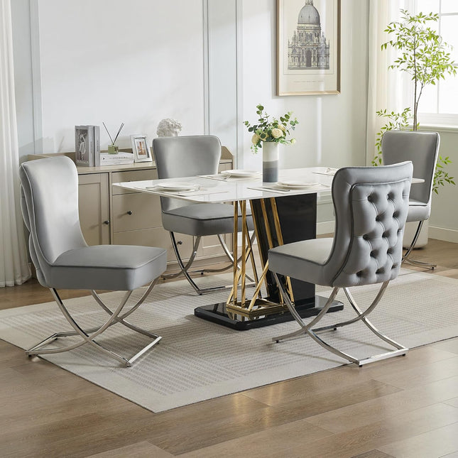 Luxury Velvet Dining Chairs, Tufted Upholstered Armless Accent Chairs with Silver Metal X-Legs, Modern Glam Dining Room Chair