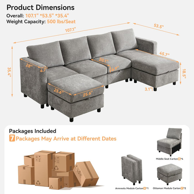 Modular Sectional Sofa Convertible U Shaped Sofa Couch Set with Storage for Living Room, Modern 6 Seater Modular Sectional Couch with Movable Ottoman