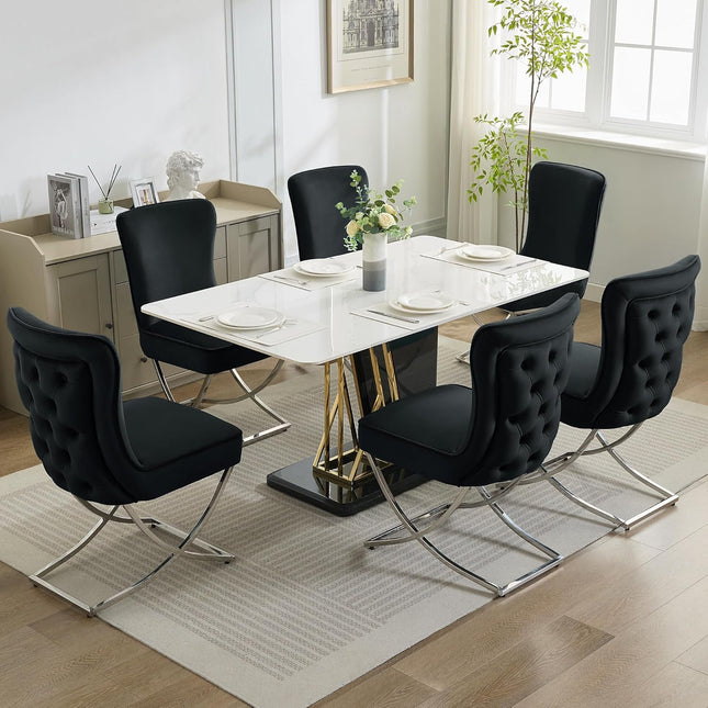 Luxury Velvet Dining Chairs, Tufted Upholstered Armless Accent Chairs with Silver Metal X-Legs, Modern Glam Dining Room Chair