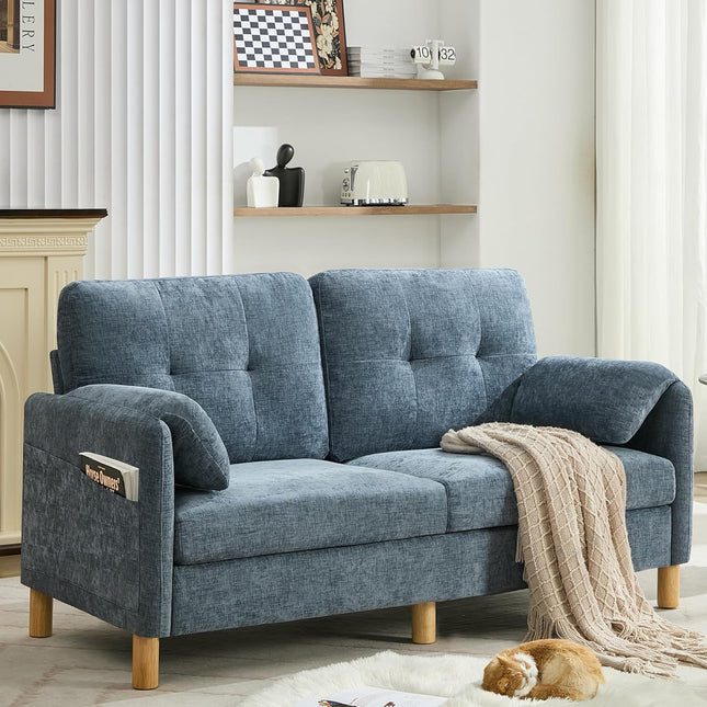 65" Chenille Loveseat Sofa, Modern 2-Seater Love Seat Couch with Armrest Pillows, Storage Pockets, Easy Assembly, Upholstered Tufted Loveseat Couches for Living Room Bedroom