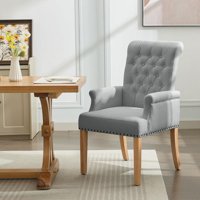 WUTUTUEE Fabric Dining Chair with Arms, Upholstered Tufted High Back Dining Room Chairs, Accent Armchair with Solid Wood Leg and Nailhead Trim, Kitchen Dining Living Room