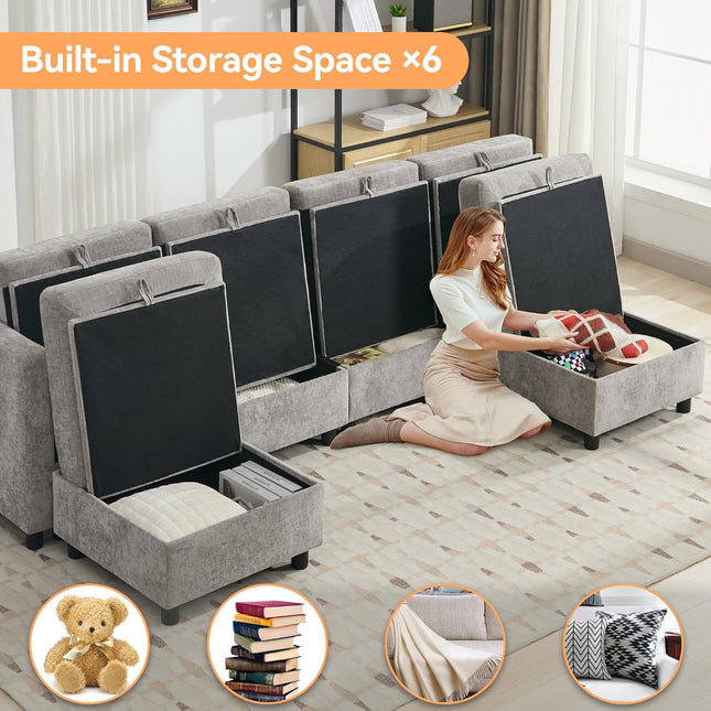 Modular Sectional Sofa Convertible U Shaped Sofa Couch Set with Storage for Living Room, Modern 6 Seater Modular Sectional Couch with Movable Ottoman