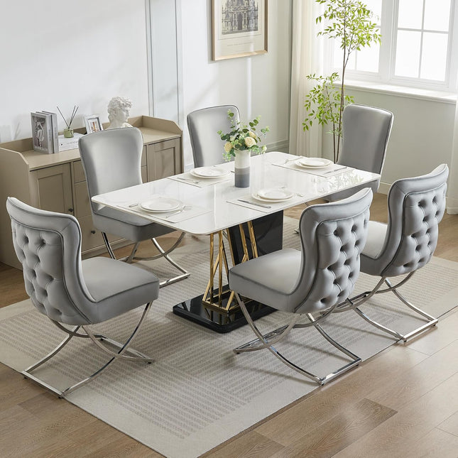 Luxury Velvet Dining Chairs, Tufted Upholstered Armless Accent Chairs with Silver Metal X-Legs, Modern Glam Dining Room Chair