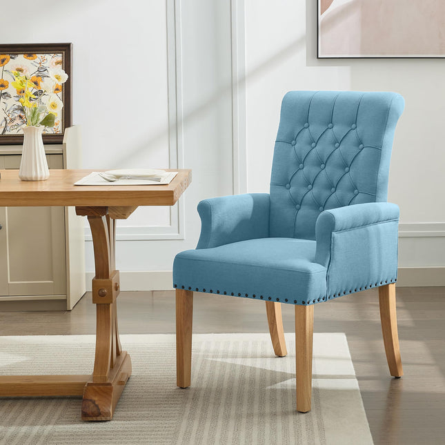 WUTUTUEE Fabric Dining Chair with Arms, Upholstered Tufted High Back Dining Room Chairs, Accent Armchair with Solid Wood Leg and Nailhead Trim, Kitchen Dining Living Room