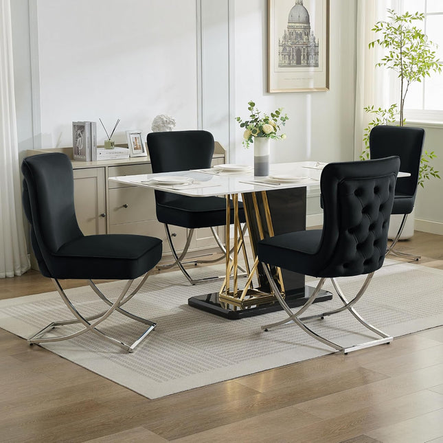 Luxury Velvet Dining Chairs, Tufted Upholstered Armless Accent Chairs with Silver Metal X-Legs, Modern Glam Dining Room Chair