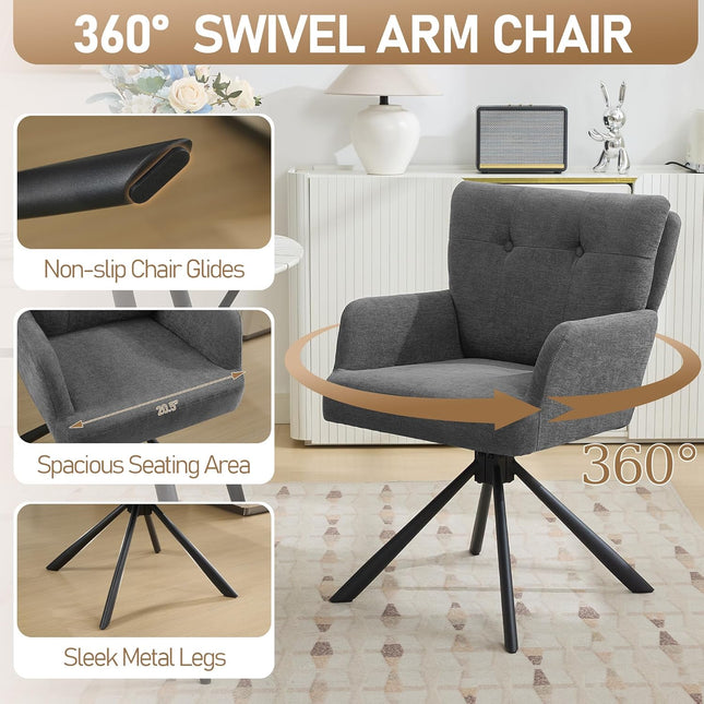 Fabric Dining Chair Modern Upholstered Swivel Dining Room Chairs Comfy Accent Armchair with Mid Back, Desk Arm Chair No Wheels for Kitchen/Living Room/Home Office