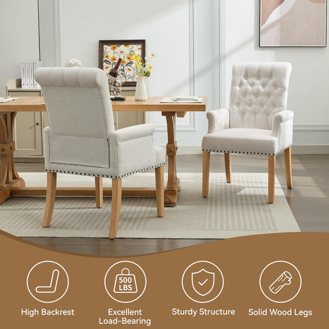 WUTUTUEE Fabric Dining Chair with Arms, Upholstered Tufted High Back Dining Room Chairs, Accent Armchair with Solid Wood Leg and Nailhead Trim, Kitchen Dining Living Room